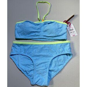 Justice Girls XL 16/18 Beaded Terry Halter Bikini Set Blue With Neon Trim UPF 50